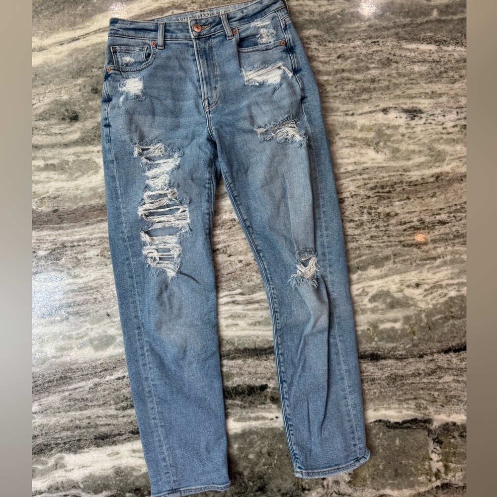 American Eagle Outfitters Light Blue Distressed “Mom Jean” Straight Leg Jeans